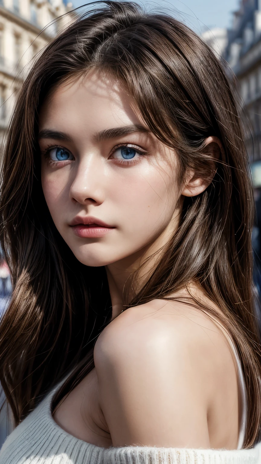 No sleeve, looking at the audience, Cinema lighting, perfect, soft light, High resolution skin:1.2, Realistic skin texture, 18 years old、a small face、Off the shoulders,Bust C cup、blue eyes, dark brown hair、Paris Saint Germain street, background、photo from the waist up、 The abdomen is visible、