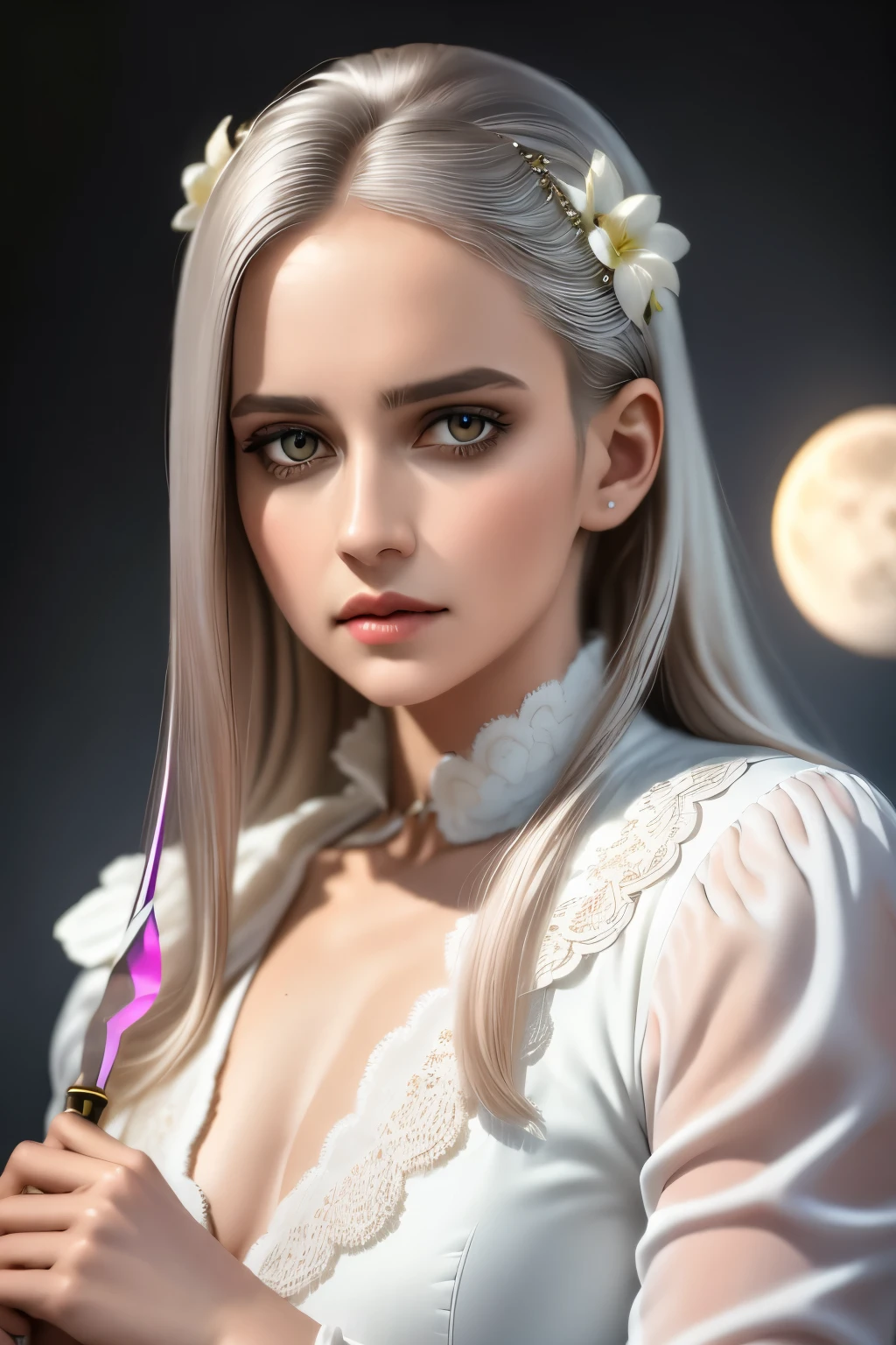 Masterpiece, Superb Girl, Night Moon Full Moon, 1 Female, Mature Woman, Sister, Royal Sister, Cold Face, Expressionless, Silver-White Long-Haired Woman, Light Pink Lips, Calm, Intellectual, Three-banded Gray Eyes, Assassin Short Knife, Flower Ball Background, Hand Details, Finger Details, Facial Details, Eye Details,