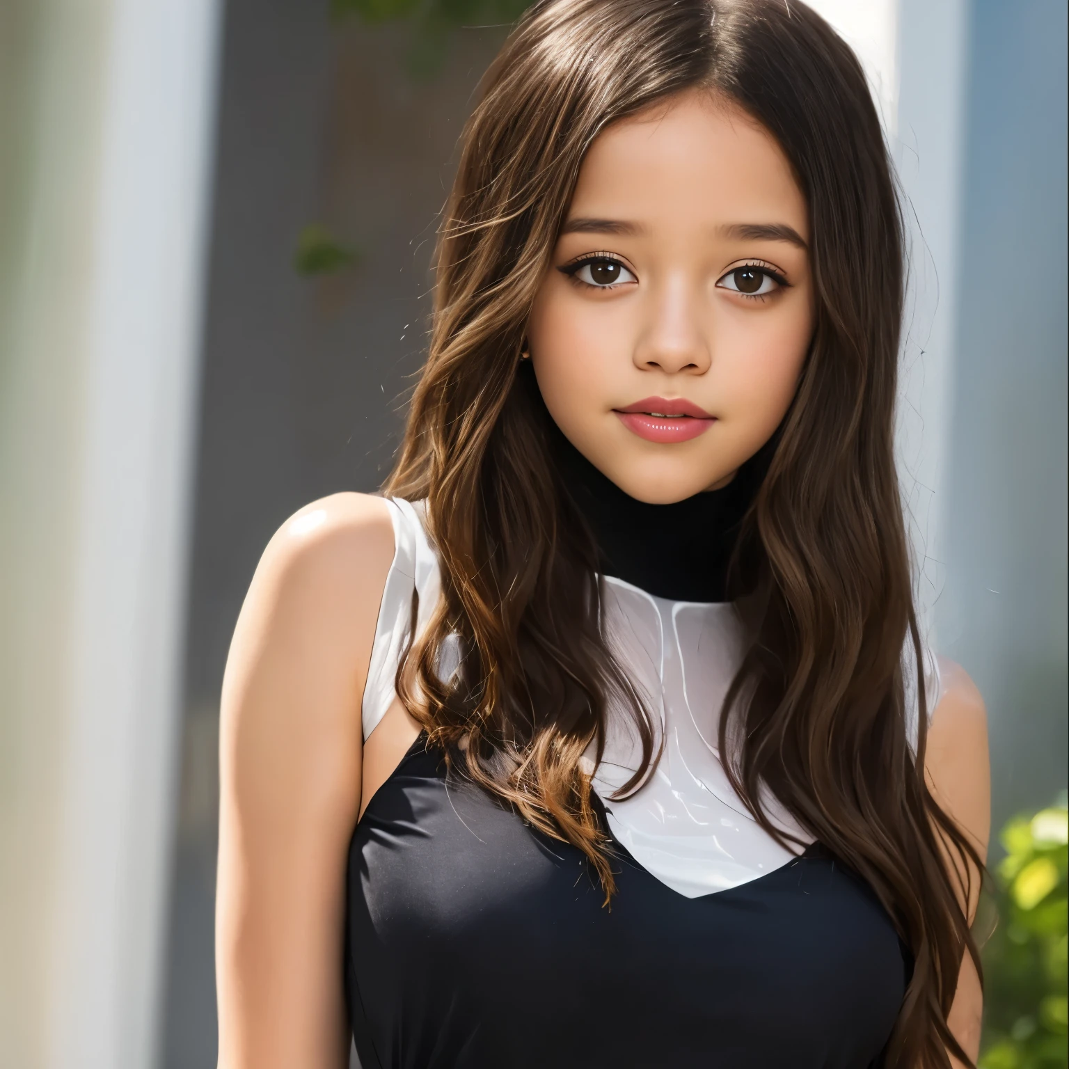 Photo portrait of 21 years old Jenna Ortega, Ein atemberaubendes, detailed color portrait of (sks frau:1), wears a ((white transparent vinyl dress):1.7), epische Charakterkomposition, Von Ilya Kuvshinov, alessio albi, Nina Masic, scharfer Fokus, natural lighting, Untergrundstreuung, f2, 35mm, Filmkorn, 