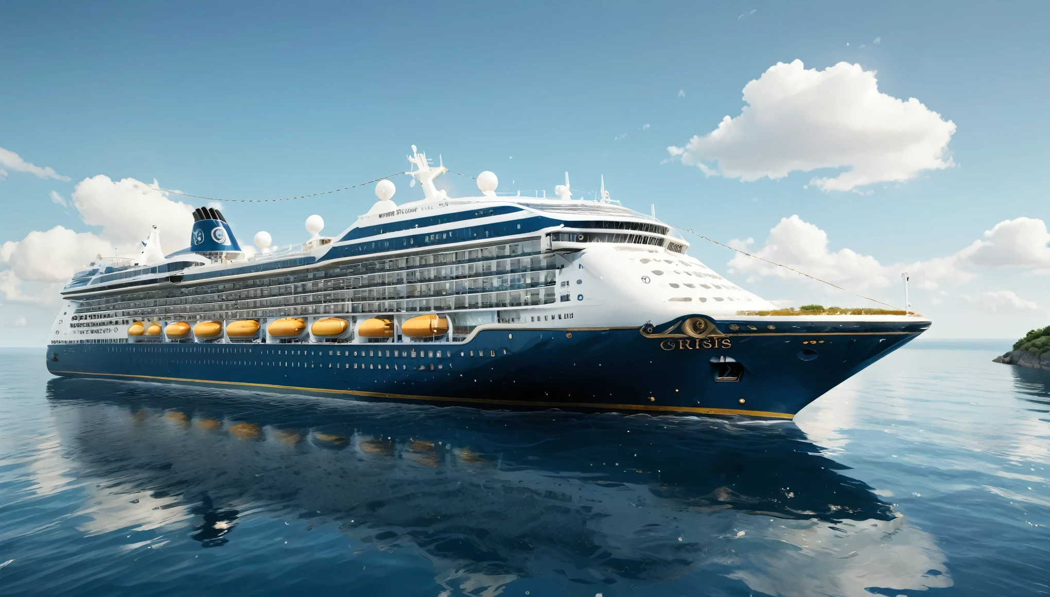 a large, majestic opulent cruise ship sailing on calm, deep blue waters. The ship, named 'Deep Blue,' features a sleek, modern ornate design, gold and silver accents,  with a predominantly white exterior and a deep blue hull. The vessel is adorned with the 'Poseidon Cruises' logo prominently displayed on its side. The ship's numerous decks are filled with small micro details, including lifeboats, observation areas, and various amenities. The ship has features that a luxury cruis for the rich would have. The background depicts a serene seascape under a clear, blue sky with scattered fluffy clouds. In the distance, a coastal landscape with a tall, rustic tower and green vegetation is visible. The overall atmosphere is one of tranquility and luxury, capturing the grandeur and elegance of the cruise ship as it glides through the water. ultra realistic photo, vibrant color, 8k, view from side