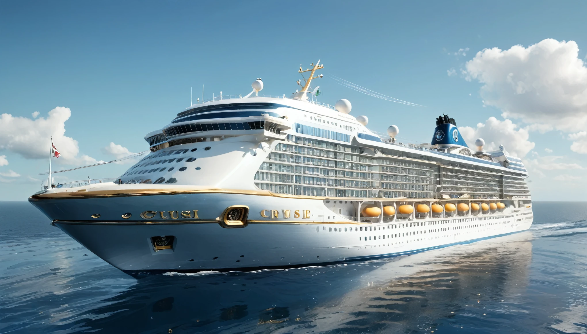 a large, majestic opulent cruise ship sailing on calm, deep blue waters. The ship, named 'Deep Blue,' features a sleek, modern ornate design, gold and silver accents, with a predominantly white exterior and a deep blue hull. The vessel is adorned with the 'Poseidon Cruises' logo prominently displayed on its side. The ship's numerous decks are filled with small micro details, including lifeboats, observation areas, and various amenities. The ship has features that a luxury cruis for the rich would have. The background depicts a serene seascape under a clear, blue sky with scattered fluffy clouds. In the distance, a coastal landscape with a tall, rustic tower and green vegetation is visible. The overall atmosphere is one of tranquility and luxury, capturing the grandeur and elegance of the cruise ship as it glides through the water. ultra realistic photo, vibrant color, 8k, view from side