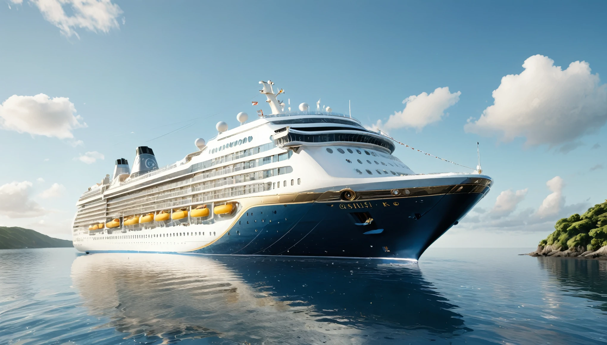 a large, majestic opulent cruise ship sailing on calm, deep blue waters. The ship, named 'Deep Blue,' features a sleek, modern ornate design, gold and silver accents,  with a predominantly white exterior and a deep blue hull. The vessel is adorned with the 'Poseidon Cruises' logo prominently displayed on its side. The ship's numerous decks are filled with small micro details, including lifeboats, observation areas, and various amenities. The ship has features that a luxury cruis for the rich would have. The background depicts a serene seascape under a clear, blue sky with scattered fluffy clouds. In the distance, a coastal landscape with a tall, rustic tower and green vegetation is visible. The overall atmosphere is one of tranquility and luxury, capturing the grandeur and elegance of the cruise ship as it glides through the water. ultra realistic photo, vibrant color, 8k, view from side