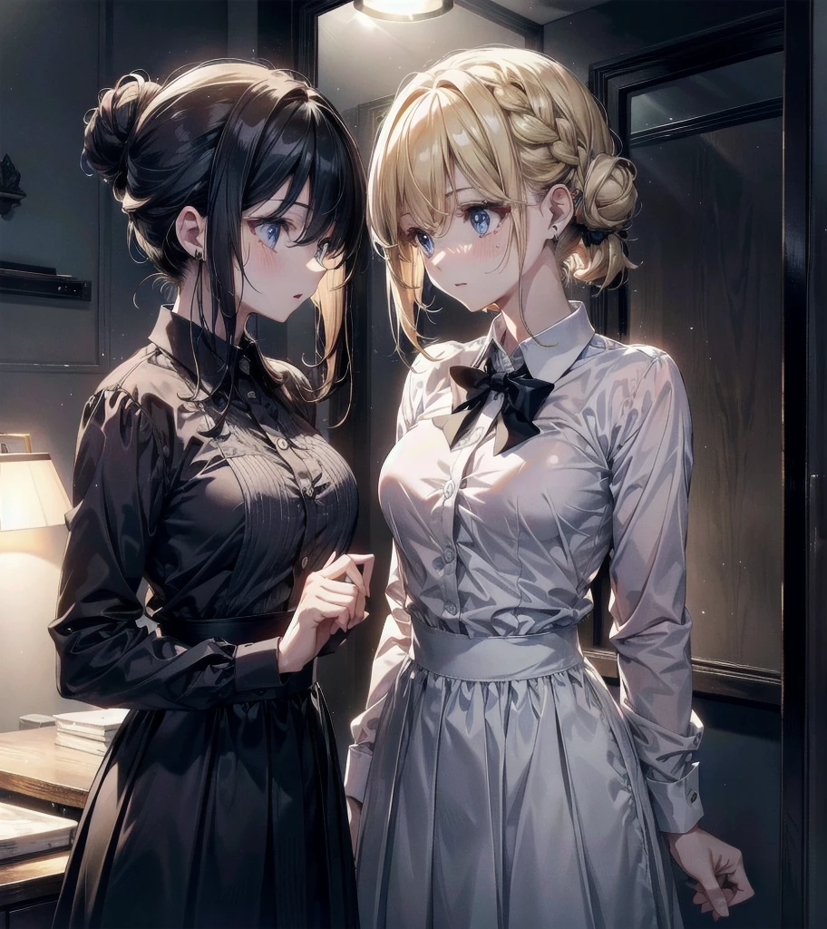 collared shirt dress, whole body, absurdres, RAW photo, extremely delicate and beautiful, masterpiece, Best Quality, ultra high resolution, 32k, hyperrealistic, ultra-detailed, detailed description, perfect figure, perfect shape, perfect anatomy, pale skin, 20 years old, detailed beautiful face and eyes, tearful mole, earring, short medium hair, wavy hair, hair bun, yuri, 2 girls,