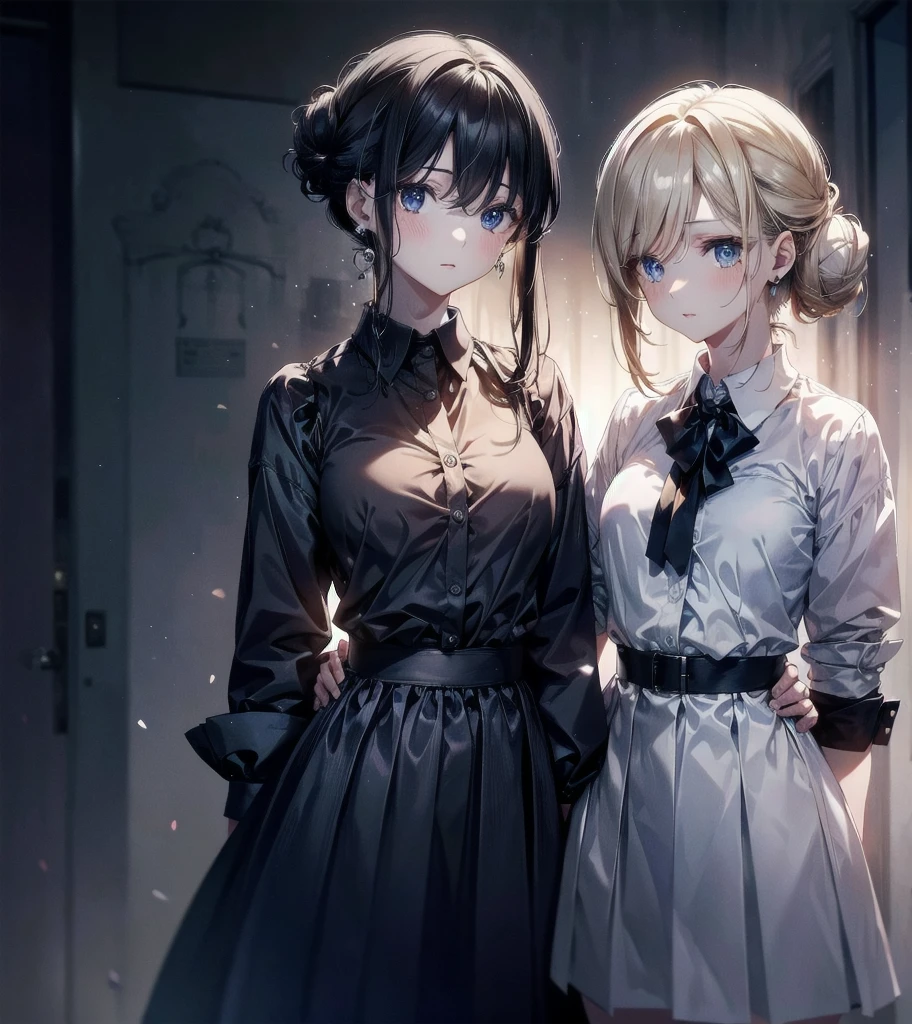 collared shirt dress, whole body, absurdres, RAW photo, extremely delicate and beautiful, masterpiece, Best Quality, ultra high resolution, 32k, hyperrealistic, ultra-detailed, detailed description, perfect figure, perfect shape, perfect ???????, pale skin, 20 years old, detailed beautiful face and eyes, tearful mole, earring, short medium hair, wavy hair, hair bun, yuri, 2 girls,