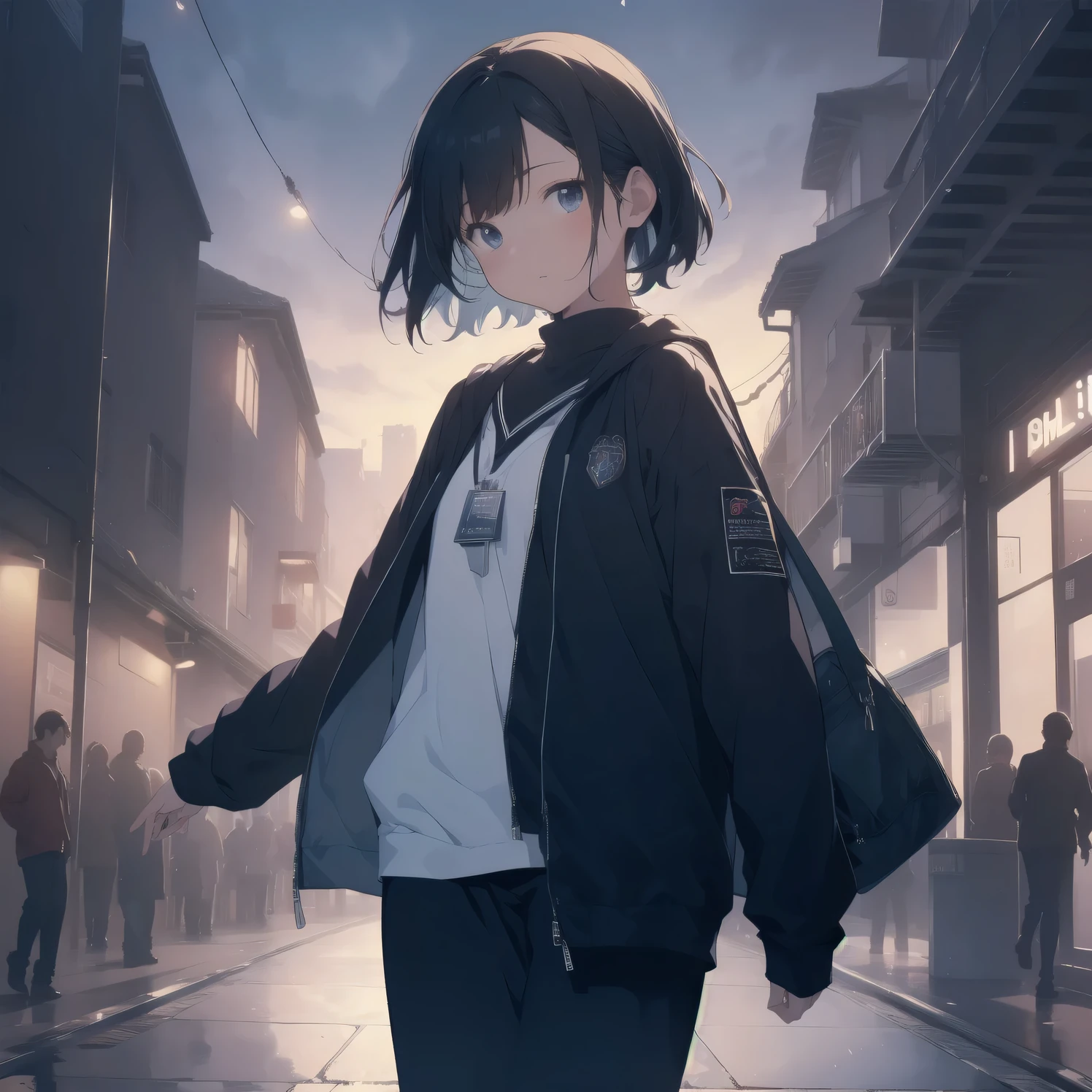 ultra-absurdres-Top quality by artist God, ultra-detailed, high resolution, anime moe artstyle, best anime 8k konachan wallpaper, pixiv contest winner, pool:2810, perfect ???????,break, 1girl, (Please draw a girl walking sleepily to school alone. )break,(Solo,little female,13-year-old:1.3),Full limbs, complete fingers, a junior high school student, androgynous charm, (very short hair),  flat chest,slender body, Small butt, groin,  small black eyes, beautiful detailed eyes, well-proportioned iris and pupils, expressive eyes, highres detailed hair, soft expression, school_uniform, pleated skirt,(Detailed Lighting), (Detailed background), in the School commute route. break,super detailed skin, Best cinematic lighting powered by famous artist, 8k,beauty illustration,photoshop_(medium),very aesthetic,break,((artist:nyantcha )), artist:clamp ,artist:carnelian ,artist:kantoku ,