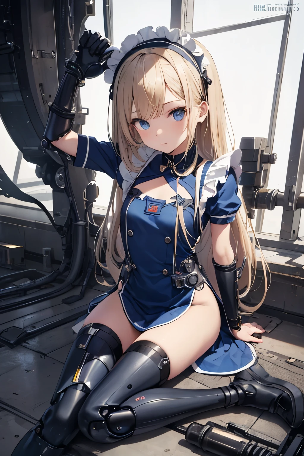   girl ,girl 12 year old  , futuristic grey tigh suit with blue details, red canon,flat  chest ,long blonde hair frinje ,(loli body), mechanic-headband,led blue  best quality, 8k ,black maid uniform , vitorian Maid dress , Cyborg arms. Mechanical Limbs Metal,  Mechanical legs .