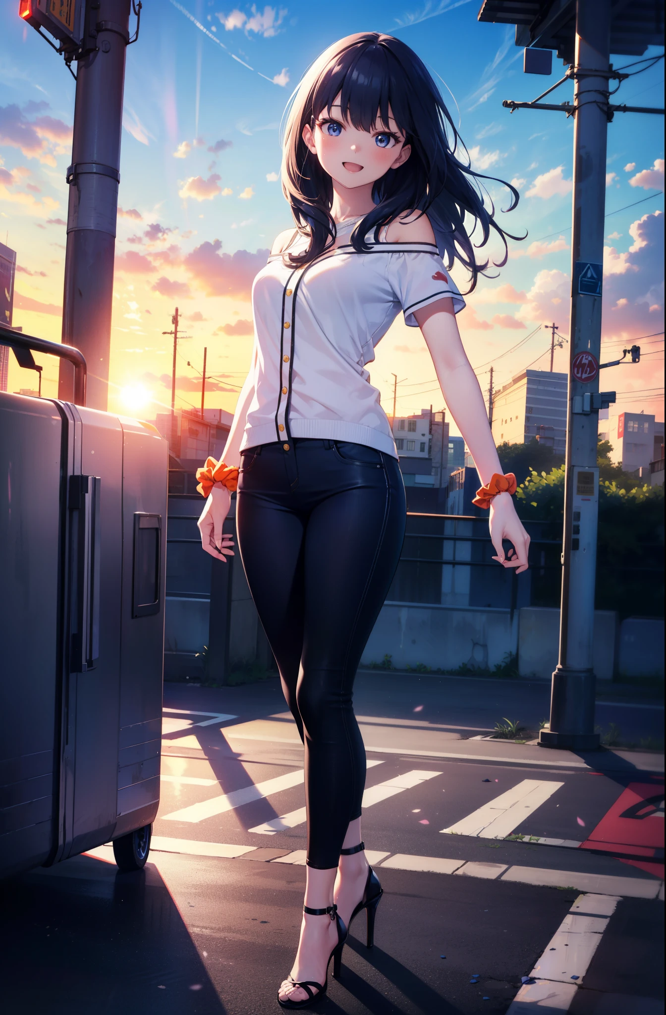 Rikka body, rikka takarada, Black Hair, blue eyes, Long Hair, orange Scrunchie, Scrunchie, wrist Scrunchie,happy smile, smile, Open your mouth,Cold shoulder tops,Short sleeve,skinny pants,Stiletto heels,Walking,morning,morning陽,The sun is rising,So that the whole body goes into the illustration,
Destroy outdoors, In town,Building district,
壊す looking at viewer, Systemic
break (masterpiece:1.2), highest quality, High resolution, unity 8k wallpaper, (figure:0.8), (Beautiful fine details:1.6), Highly detailed face, Perfect lighting, Highly detailed CG, (Perfect hands, Perfect Anatomy),