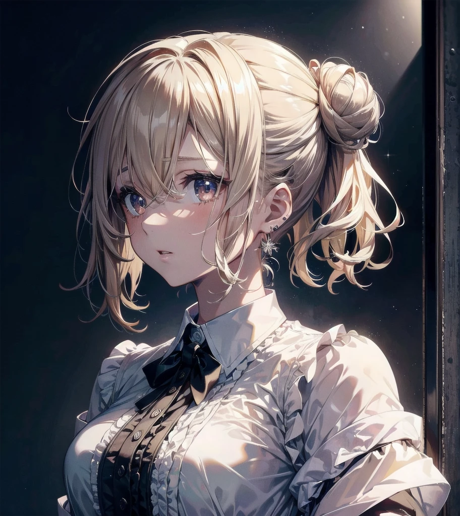 collared shirt dress, whole body, absurdres, RAW photo, extremely delicate and beautiful, masterpiece, Best Quality, ultra high resolution, 32k, hyperrealistic, ultra-detailed, detailed description, perfect figure, perfect shape, perfect anatomy, pale skin, 20 years old, detailed beautiful face and eyes, tearful mole, earring, short medium hair, wavy hair, Messy Bun, yuri, 2 girls,