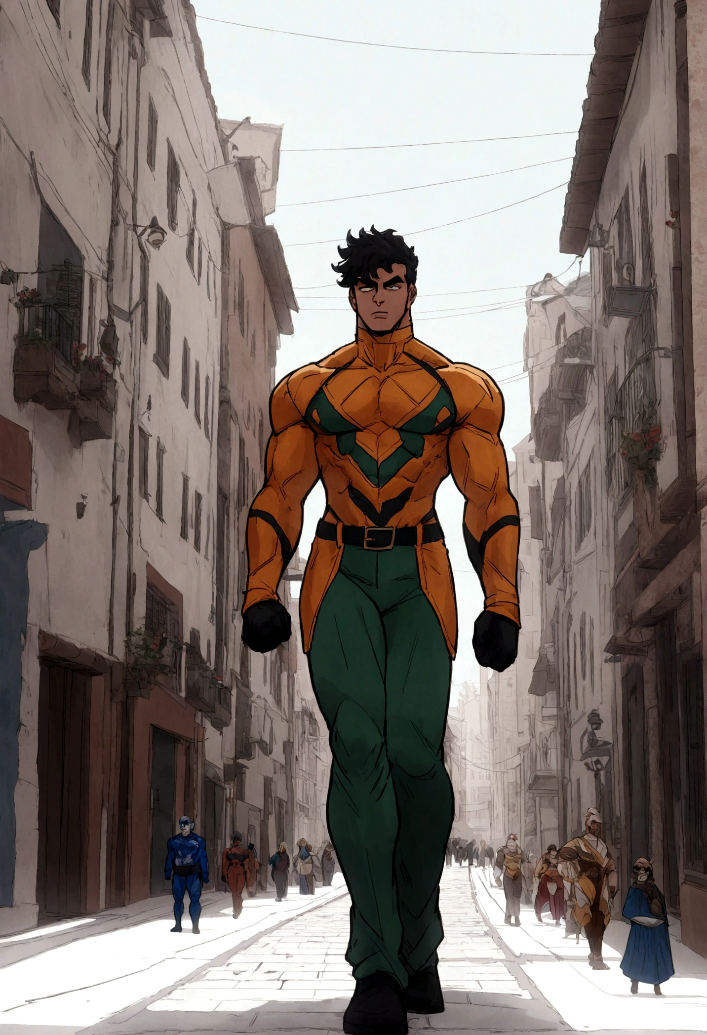 Crie um Homem, musculoso e forte, cabelos curtos, rosto do Dwayne Johnson, identico a o Homem de Gelo da Marvel, ele controla totalmente o gelo, o poder do 0 absoluto o envolve, corpo de gelo branco igual a neve, Marvel Superhero Style, 8k, melhor qualidade, appears in the full body image from head to toe, he is walking in the city.
