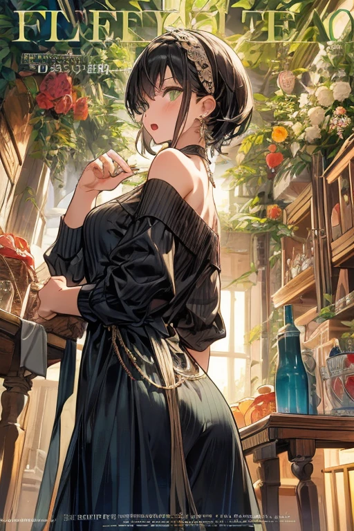 (small breasts:1.3), (perky chest:1.1), (pointed chest:1.0), (vegitable magazine cover:1.3),(from below:1.2),(from side:0.9),masterpiece, a 18yo girl, Amazing Cleavage:1.1, thin waist, big ass, Raised sexy, small breast: 1.3, posed cleavage:1.2, open mouth, have a cute grass of cute beergrass,black hair, dark green eyes, dress, bare shoulders, jewelry, collarbone, sidelocks, hairband, earrings, indoors, off shoulder sweater:1.1, arms behind back, plant, short hair with long locks, gild hairband, off-shoulder dress, sweater dress, off-shoulder sweater, red sweater, dark gord hair, big side hair, very long side hair,is rendered in (masterpiece: 1.2, best quality), with (ultra high resolution) and an exquisite (depth of field). This masterpiece is not only visually stunning but also tells,A scene of cooking in the kitchen by classroom,looking at viewer,