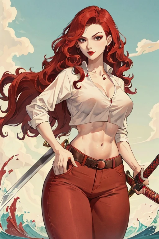 A medium breasted redhead holding a sword behind her back, wide hips, thin waist, beautiful full red lips, lush wavy hair, long torpedo shaped tits, brown pants, loose fantasy white shirt
