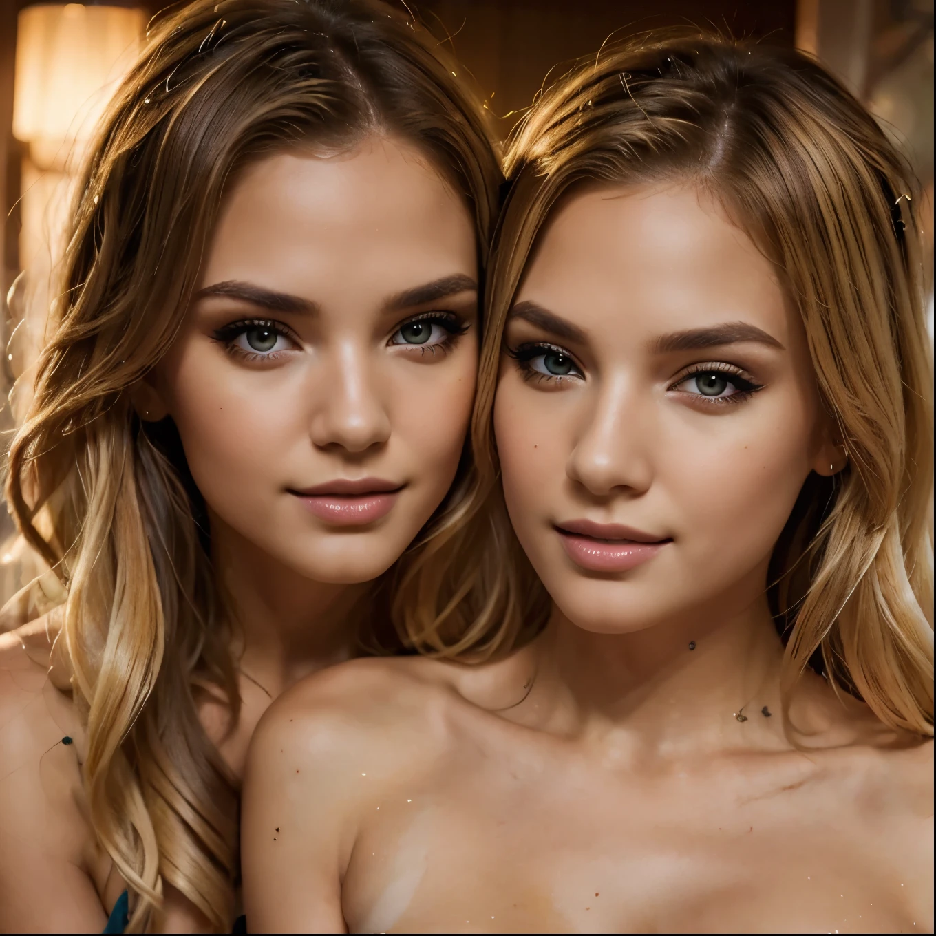 2 beautiful young girls, blonde hair, seductive smiles, seductive poses, seductive expressions, detailed facial features, intricate details, high definition, hyper realistic, photorealistic, cinematic lighting, dramatic shadows, vibrant colors, warm color palette, masterpiece, best quality, 8k, ultra-detailed, professional photo