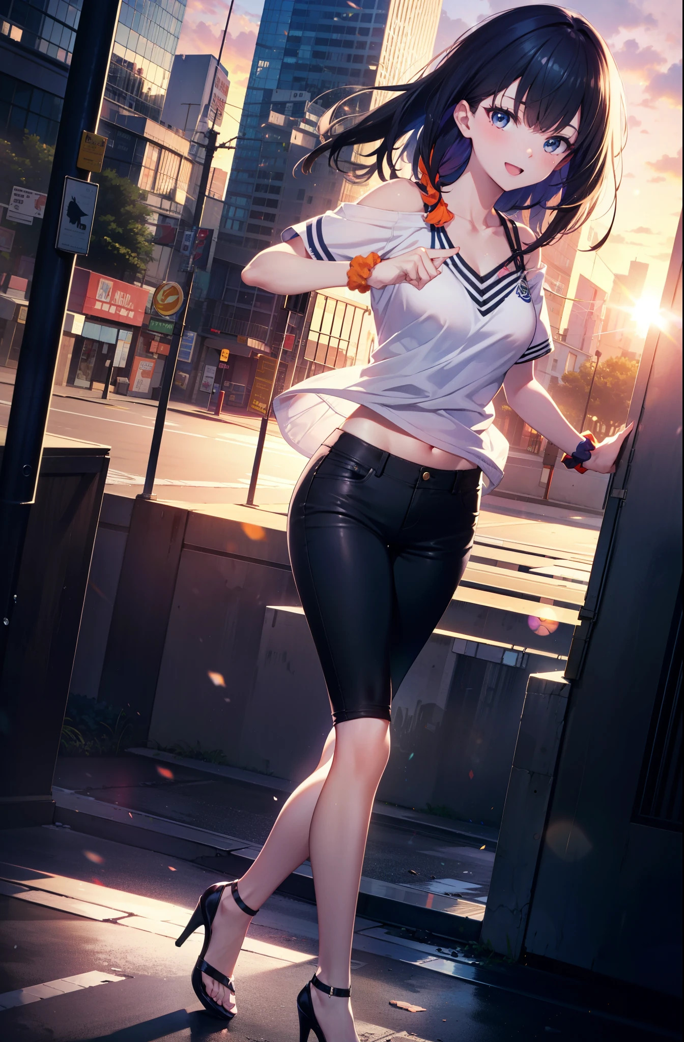 Rikka body, rikka takarada, Black Hair, blue eyes, Long Hair, orange Scrunchie, Scrunchie, wrist Scrunchie,happy smile, smile, Open your mouth,Cold shoulder tops,Short sleeve,skinny pants,Stiletto heels,Walking,morning,morning陽,The sun is rising,So that the whole body goes into the illustration,
Destroy outdoors, In town,Building district,
壊す looking at viewer, Systemic
break (masterpiece:1.2), highest quality, High resolution, unity 8k wallpaper, (figure:0.8), (Beautiful fine details:1.6), Highly detailed face, Perfect lighting, Highly detailed CG, (Perfect hands, Perfect Anatomy),