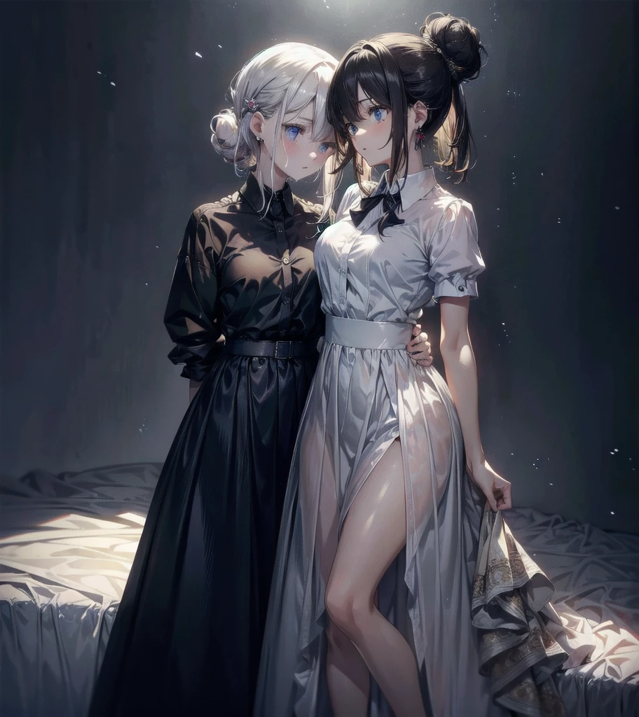 collared shirt dress, full body, absurdres, RAW photo, extremely delicate and beautiful, masterpiece, Best Quality, ultra high resolution, 32k, hyperrealistic, ultra-detailed, detailed description, perfect figure, perfect shape, perfect anatomy, pale skin, 20 years old, detailed beautiful face and eyes, tearful mole, earring, short medium hair, wavy hair, Messy Bun, yuri, 2 girls,