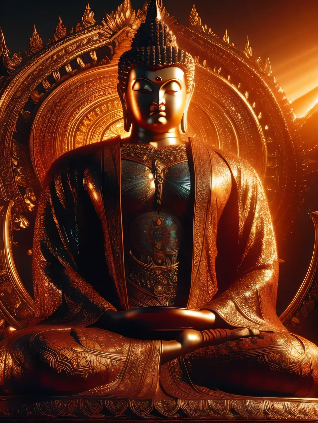 a strong and muscular buddha, standing on an iron lotus, detailed and realistic, cinematic lighting, vibrant colors, dramatic composition, highly detailed, photorealistic, award winning digital art, intricate details, 8k, best quality, masterpiece