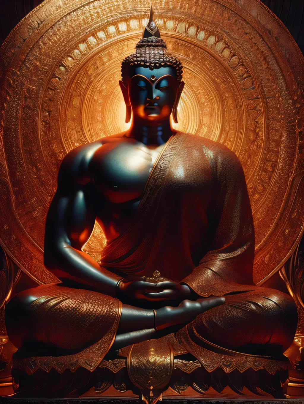 a strong and muscular buddha, standing on an iron lotus, detailed and realistic, cinematic lighting, vibrant colors, dramatic composition, highly detailed, photorealistic, award winning digital art, intricate details, 8k, best quality, masterpiece