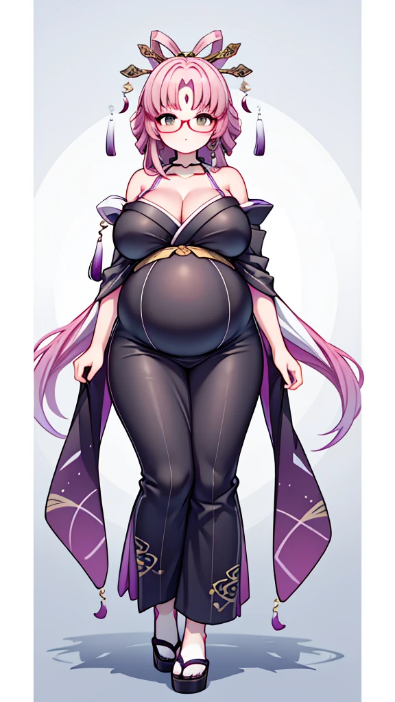 (Full body, glasses), An image of a pregnant girl with her belly on full display wearing a kimono, huge