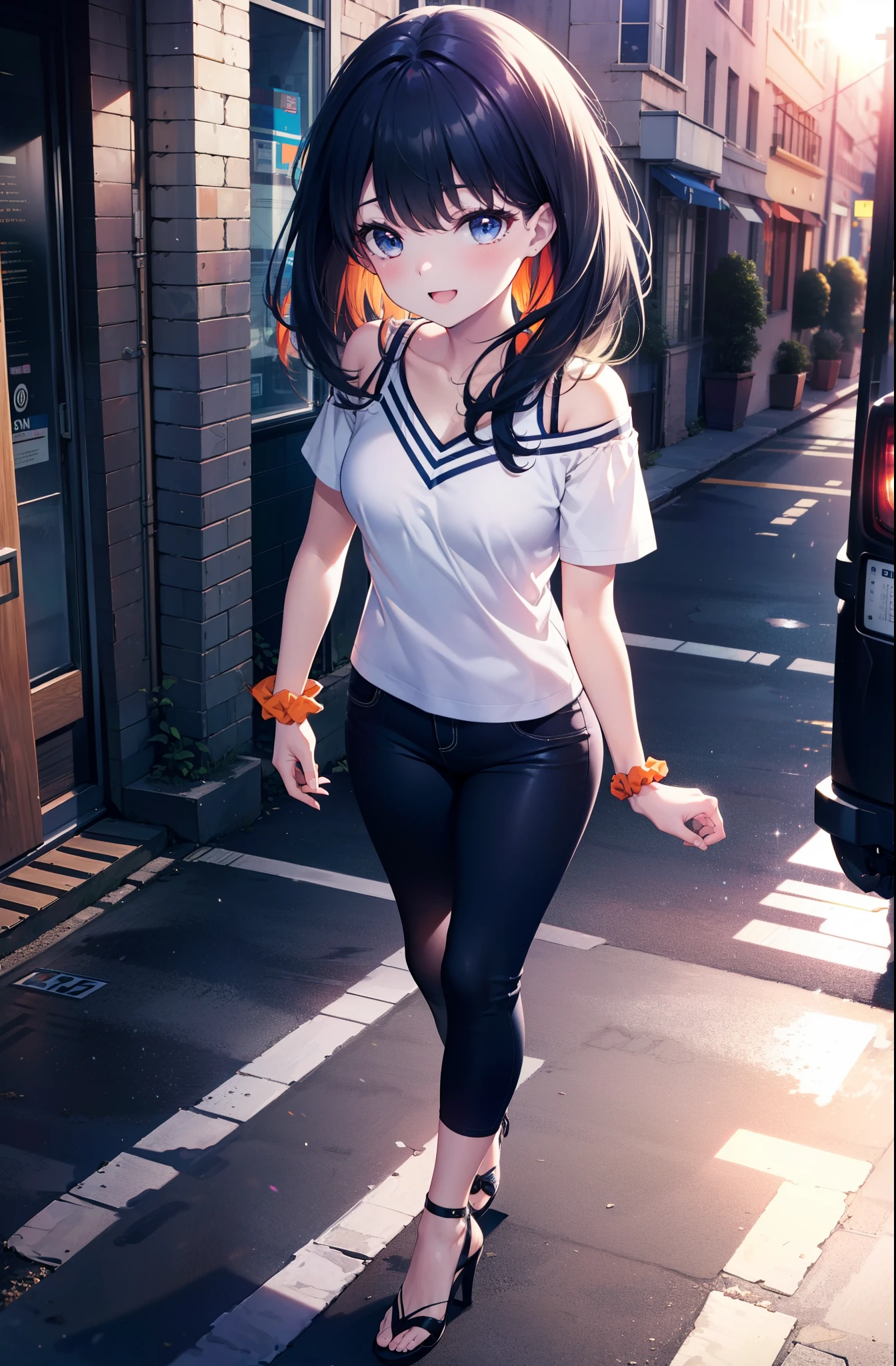 Rikka body, rikka takarada, Black Hair, blue eyes, Long Hair, orange Scrunchie, Scrunchie, wrist Scrunchie,happy smile, smile, Open your mouth,Cold shoulder tops,Short sleeve,skinny pants,Stiletto heels,Walking,morning,morning陽,The sun is rising,So that the whole body goes into the illustration,Looking down from above,
Destroy outdoors, In town,Building district,
壊す looking at viewer, Systemic
break (masterpiece:1.2), highest quality, High resolution, unity 8k wallpaper, (figure:0.8), (Beautiful fine details:1.6), Highly detailed face, Perfect lighting, Highly detailed CG, (Perfect hands, Perfect Anatomy),