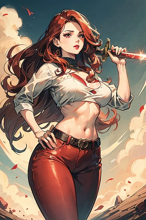 A medium breasted redhead holding a sword behind her back, wide hips, thin waist, beautiful full red lips, lush wavy hair, long torpedo shaped tits, brown pants, loose fantasy white blouse