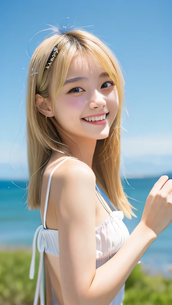 Japanese、18-year-old、Very slim、((Smiling))、Summer clothing、Blonde