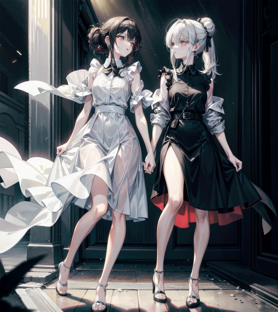collared shirt dress, sleeveless, full body, absurdres, RAW photo, extremely delicate and beautiful, masterpiece, Best Quality, ultra high resolution, 32k, hyperrealistic, ultra-detailed, detailed description, perfect figure, perfect shape, perfect anatomy, pale skin, 20 years old, detailed beautiful face and eyes, tearful mole, earring, short medium hair, wavy hair, Messy Bun, yuri, 2 girls,