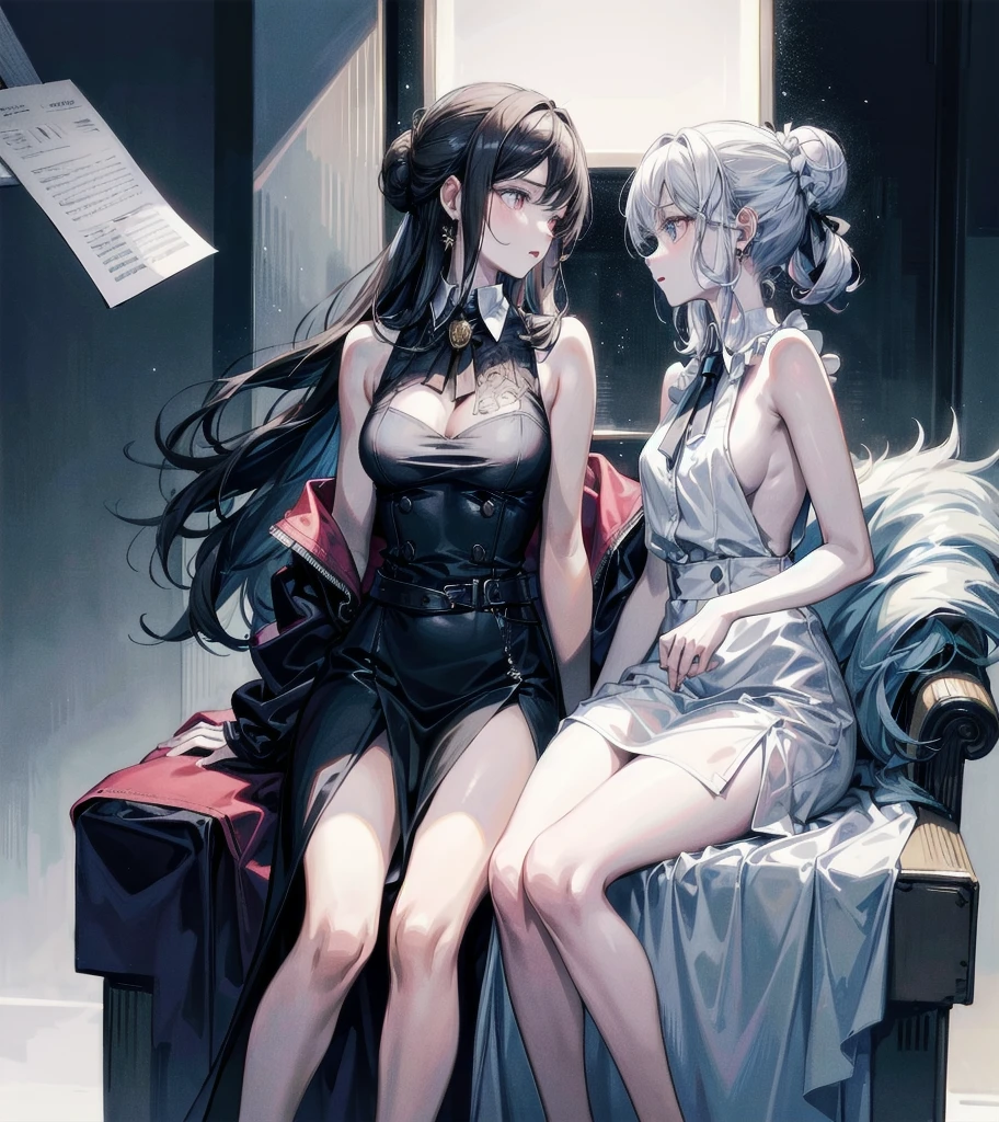 collared shirt dress, sleeveless, full body, absurdres, RAW photo, extremely delicate and beautiful, masterpiece, Best Quality, ultra high resolution, 32k, hyperrealistic, ultra-detailed, detailed description, perfect figure, perfect shape, perfect ???????, pale skin, 20 years old, detailed beautiful face and eyes, tearful mole, earring, short medium hair, wavy hair, Messy Bun, yuri, 2 girls,