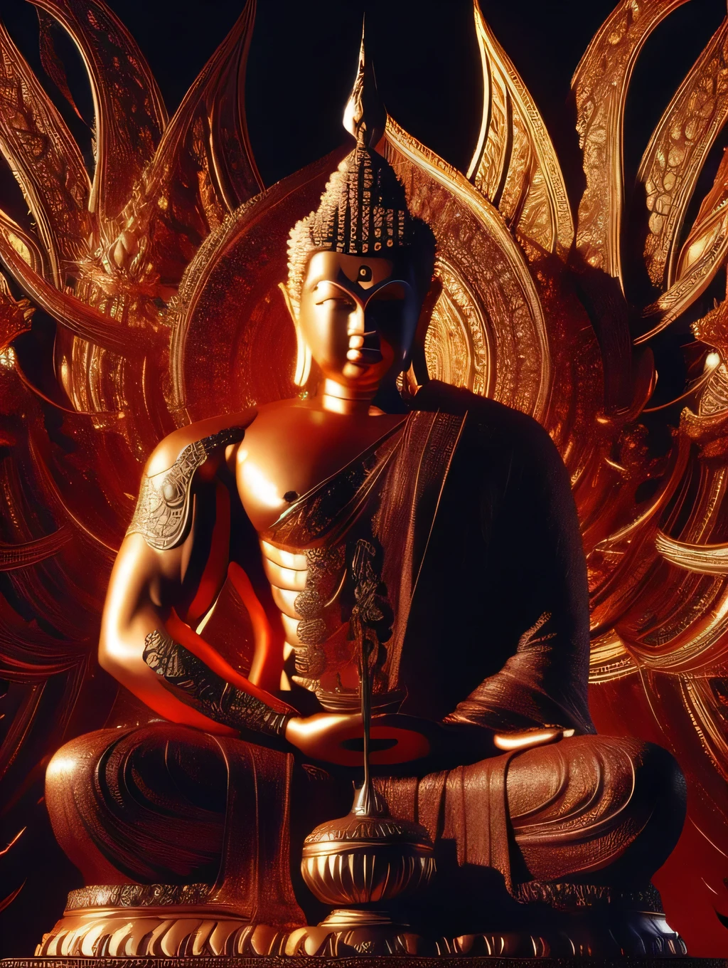 a strong and muscular buddha, standing on an iron lotus, detailed and realistic, cinematic lighting, vibrant colors, dramatic composition, highly detailed, photorealistic, award winning digital art, intricate details, 8k, best quality, masterpiece, buddha fighting with evil