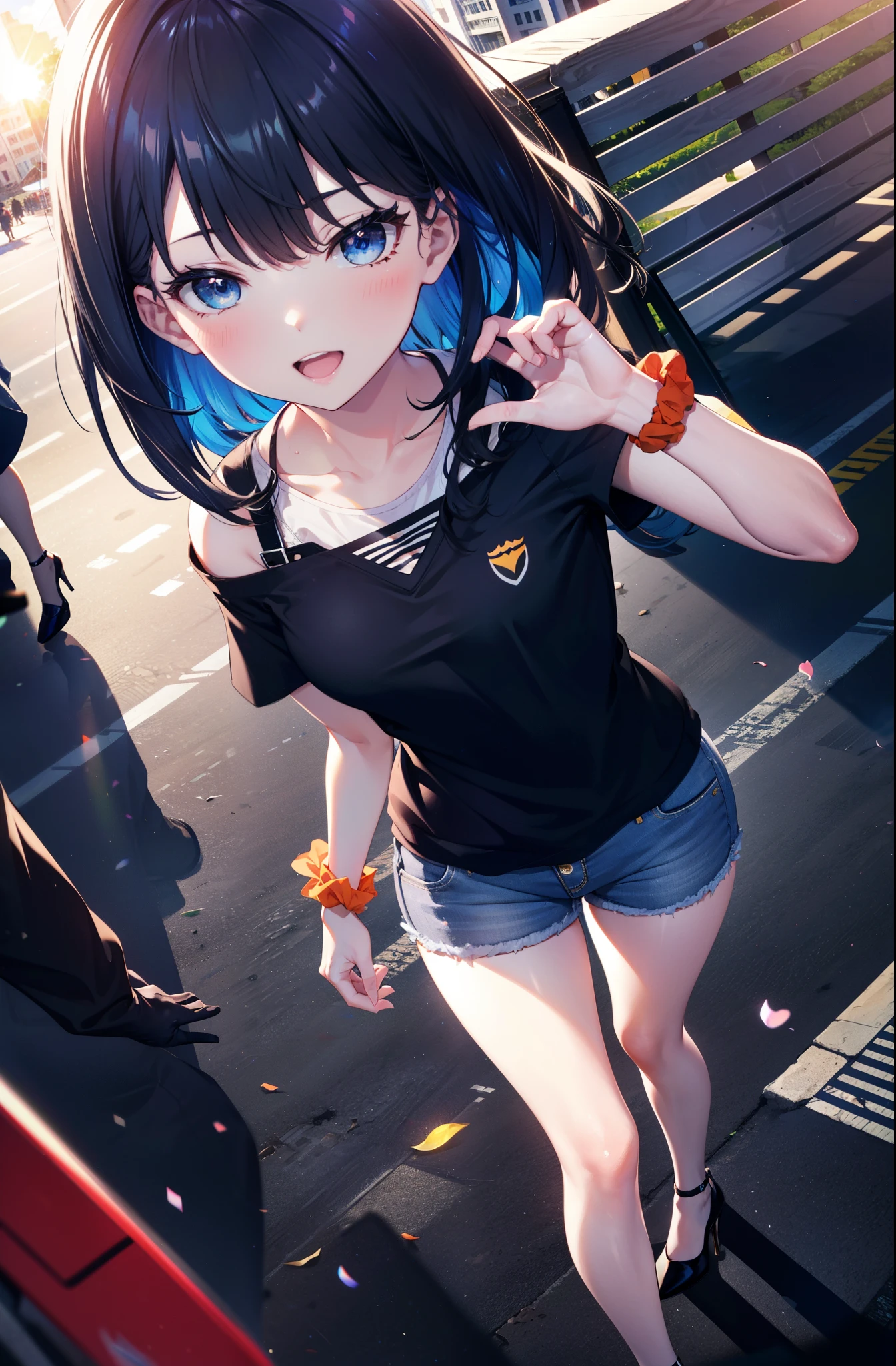 Rikka body, rikka takarada, Black Hair, blue eyes, Long Hair, orange Scrunchie, Scrunchie, wrist Scrunchie,happy smile, smile, Open your mouth,Cold shoulder tops,Short sleeve,skinny pants,Stiletto heels,Walking,morning,morning陽,The sun is rising,So that the whole body goes into the illustration,Looking down from above,
Destroy outdoors, In town,Building district,
壊す looking at viewer, Systemic
break (masterpiece:1.2), highest quality, High resolution, unity 8k wallpaper, (figure:0.8), (Beautiful fine details:1.6), Highly detailed face, Perfect lighting, Highly detailed CG, (Perfect hands, Perfect Anatomy),