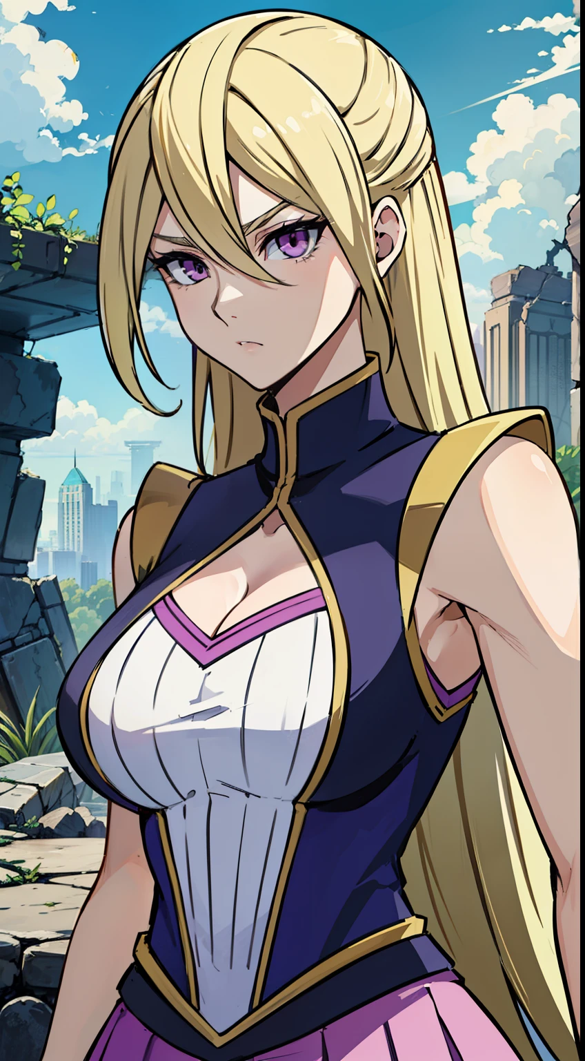 masterpiece, best quality,Gloria Tyler, blonde hair, purple eyes, serious, long hair, large breasts,sleeveless,pink skirt, (ruins),(upper body)