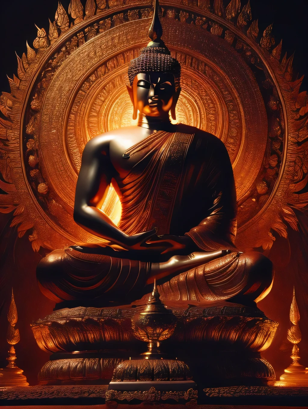 a strong and muscular buddha, standing on an iron lotus, detailed and realistic, cinematic lighting, vibrant colors, dramatic composition, highly detailed, photorealistic, award winning digital art, intricate details, 8k, best quality, masterpiece, buddha fighting with evil