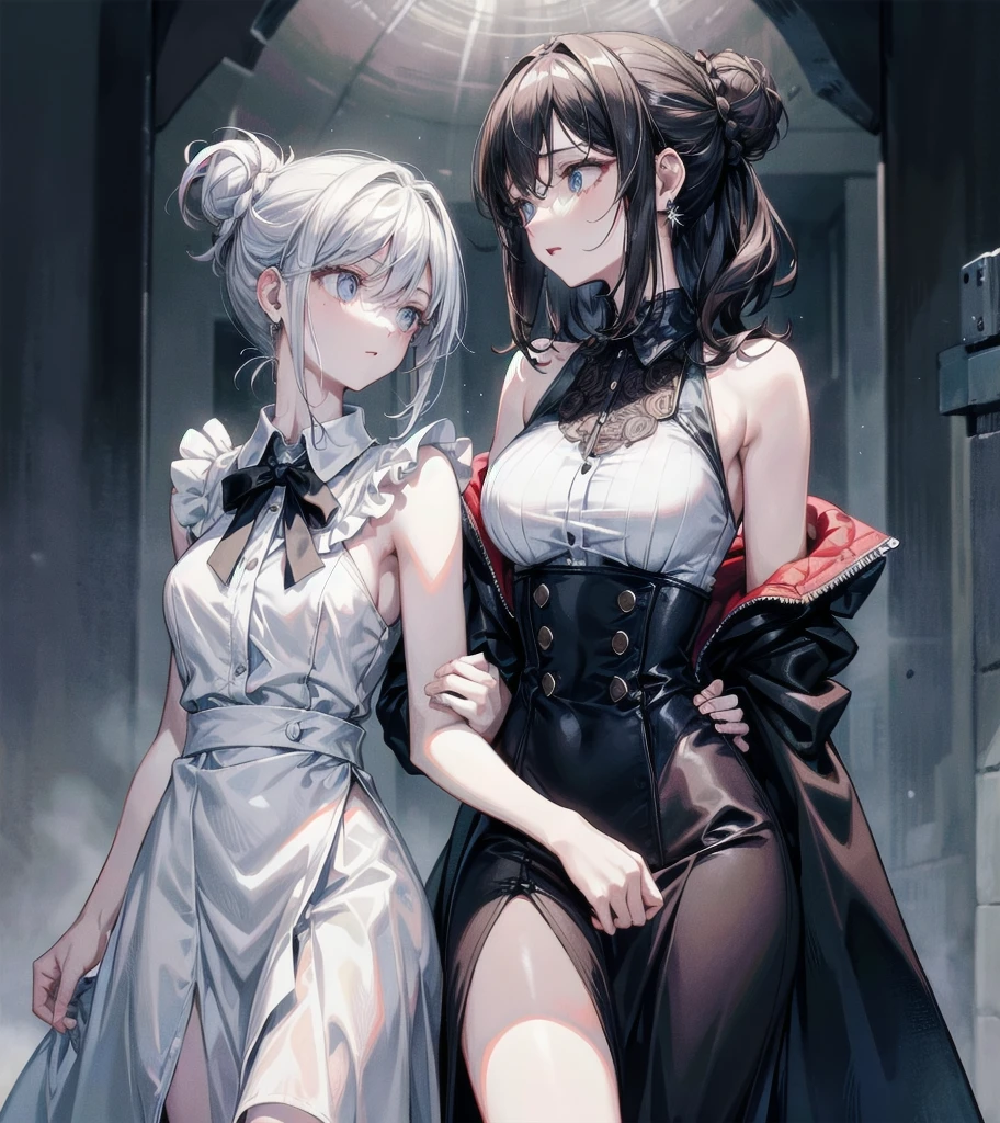 collared shirt dress, sleeveless, whole body, absurdres, RAW photo, extremely delicate and beautiful, masterpiece, Best Quality, ultra high resolution, 32k, hyperrealistic, ultra-detailed, detailed description, perfect figure, perfect shape, perfect anatomy, pale skin, 20 years old, detailed beautiful face and eyes, tearful mole, earring, short medium hair, wavy hair, Messy Bun, yuri, 2 girls,