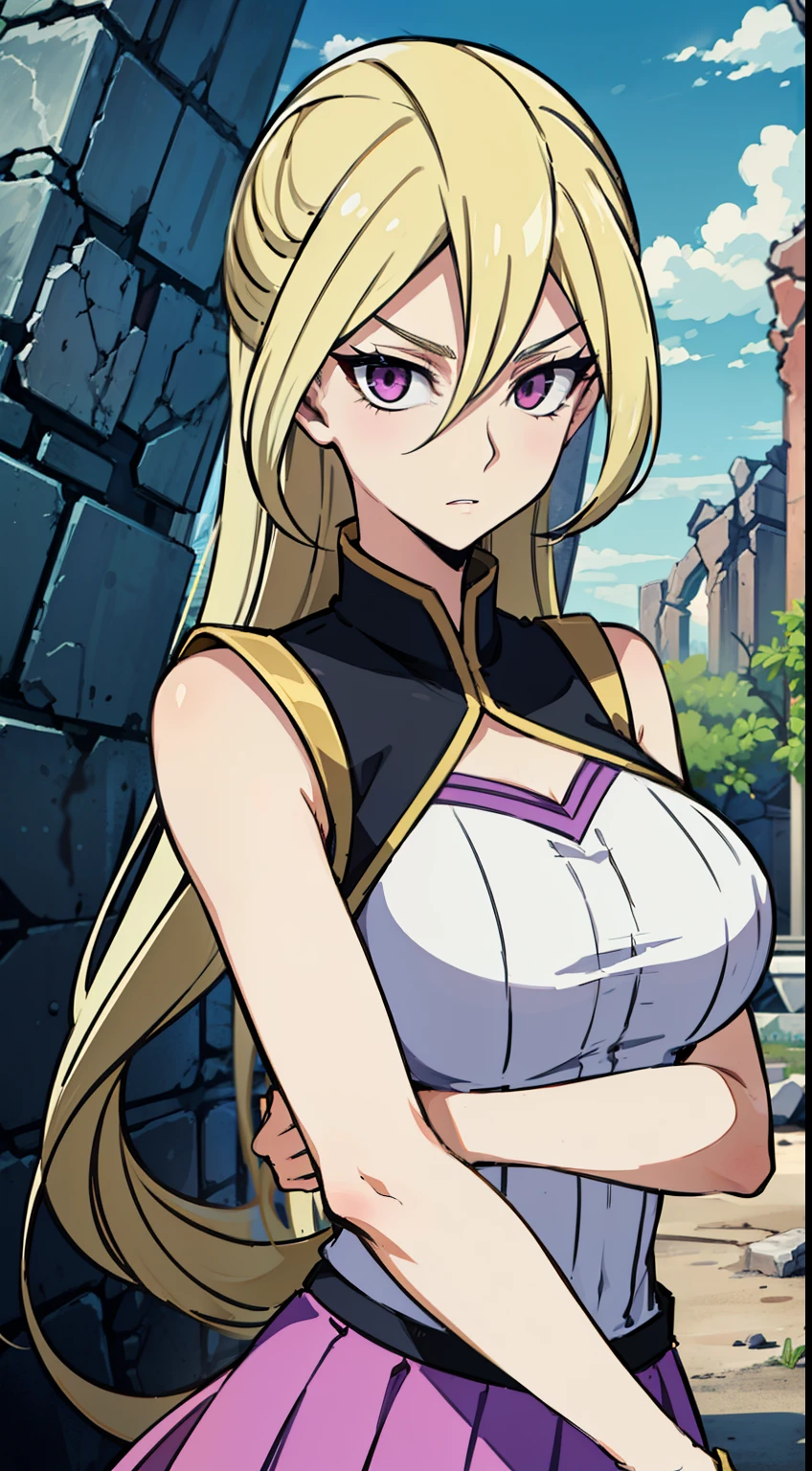 masterpiece, best quality,Gloria Tyler, blonde hair, purple eyes, serious, long hair, large breasts,sleeveless,pink skirt, (ruins),(upper body)