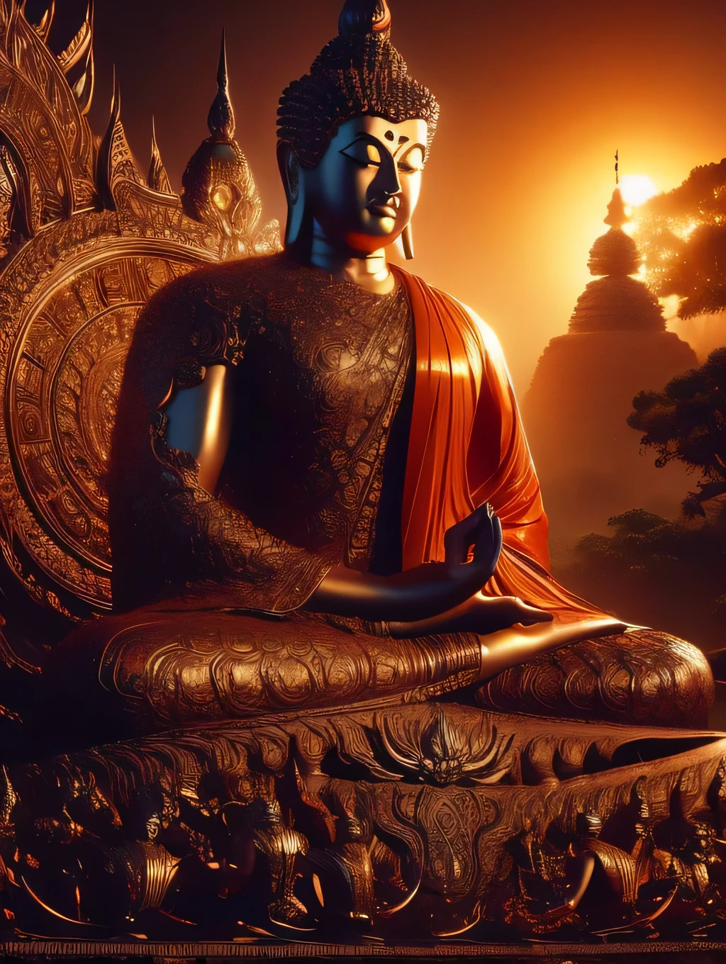 a strong and muscular buddha, standing on an iron lotus, detailed and realistic, cinematic lighting, vibrant colors, dramatic composition, highly detailed, photorealistic, award winning digital art, intricate details, 8k, best quality, masterpiece, buddha fighting with evil