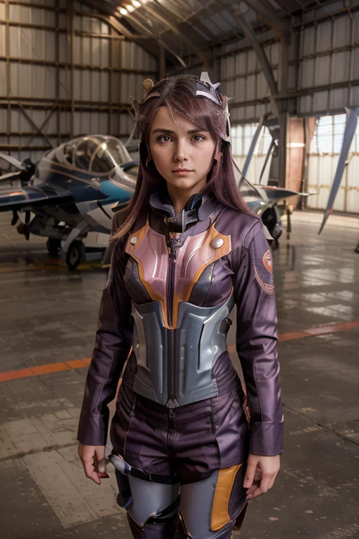 (((obra-prima da mais alta qualidade Fate kaleid liner Prisma Illya ))),(((traje de piloto apertado))),1 mulher,(Piloto feminino veterano),dignified expression,(((hunting hangar))),