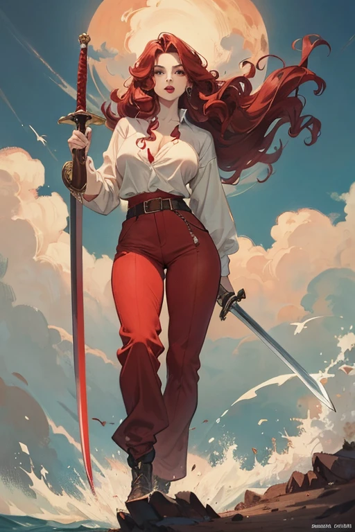 A medium breasted redhead holding a sword, wide hips, thin waist, beautiful full red lips, lush wavy hair, long torpedo shaped tits, brown pants, loose white blouse