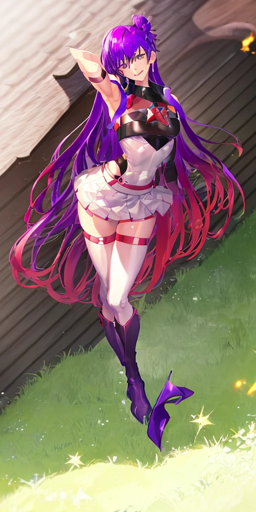 (((1 girl))) short hair, earings ,glossy lips ,team rocket uniform, red letter R, white skirt, white crop top, black thigh-high boots, black elbow gloves, evil smile, looking at viewer, cowboy shot, arms crossed, full body photo Mercedes von Martritz (Fire Emblem: Three Houses)