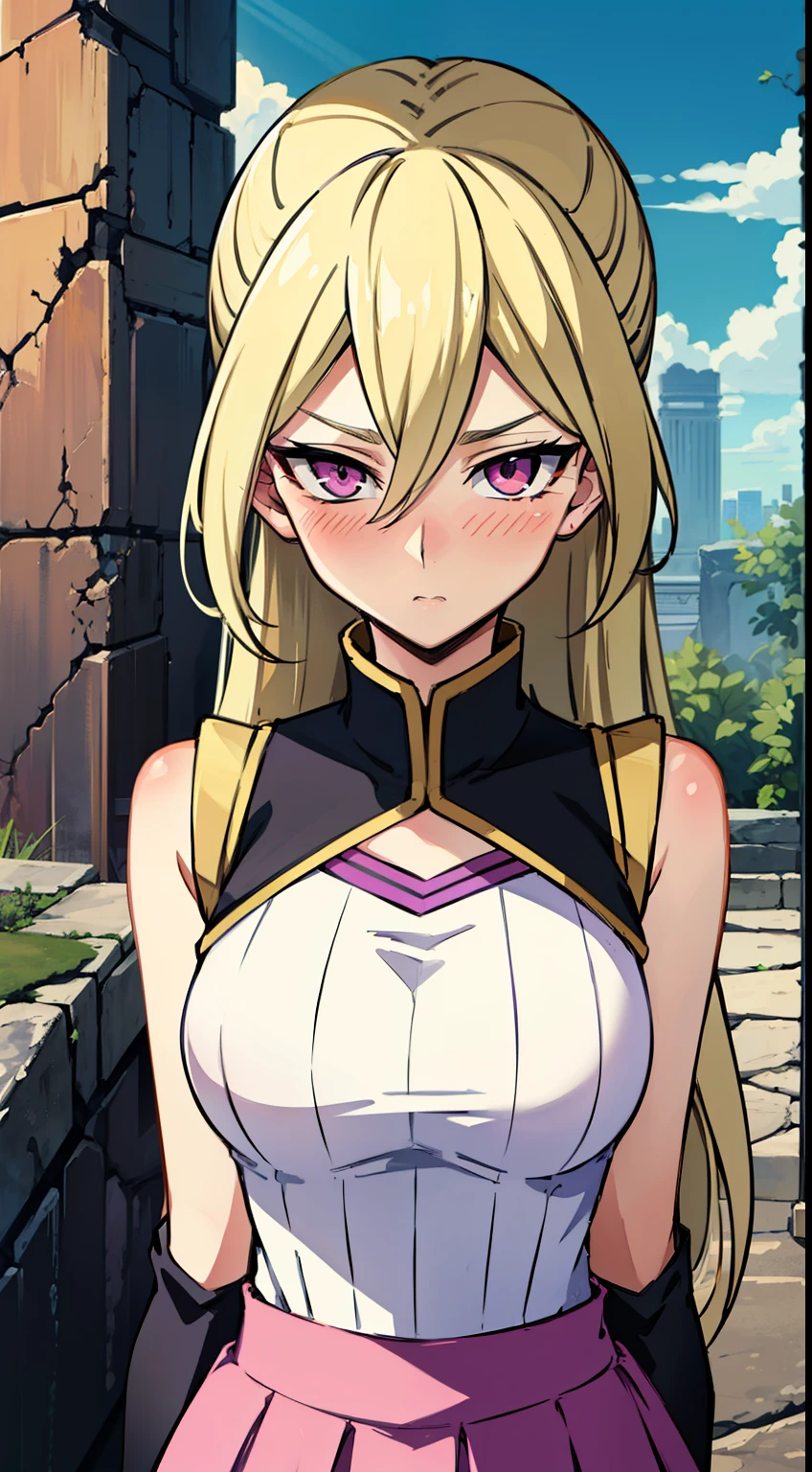 masterpiece, best quality,Gloria Tyler, blonde hair, purple eyes, serious, long hair, large breasts,sleeveless,pink skirt, (ruins),(upper body),blush