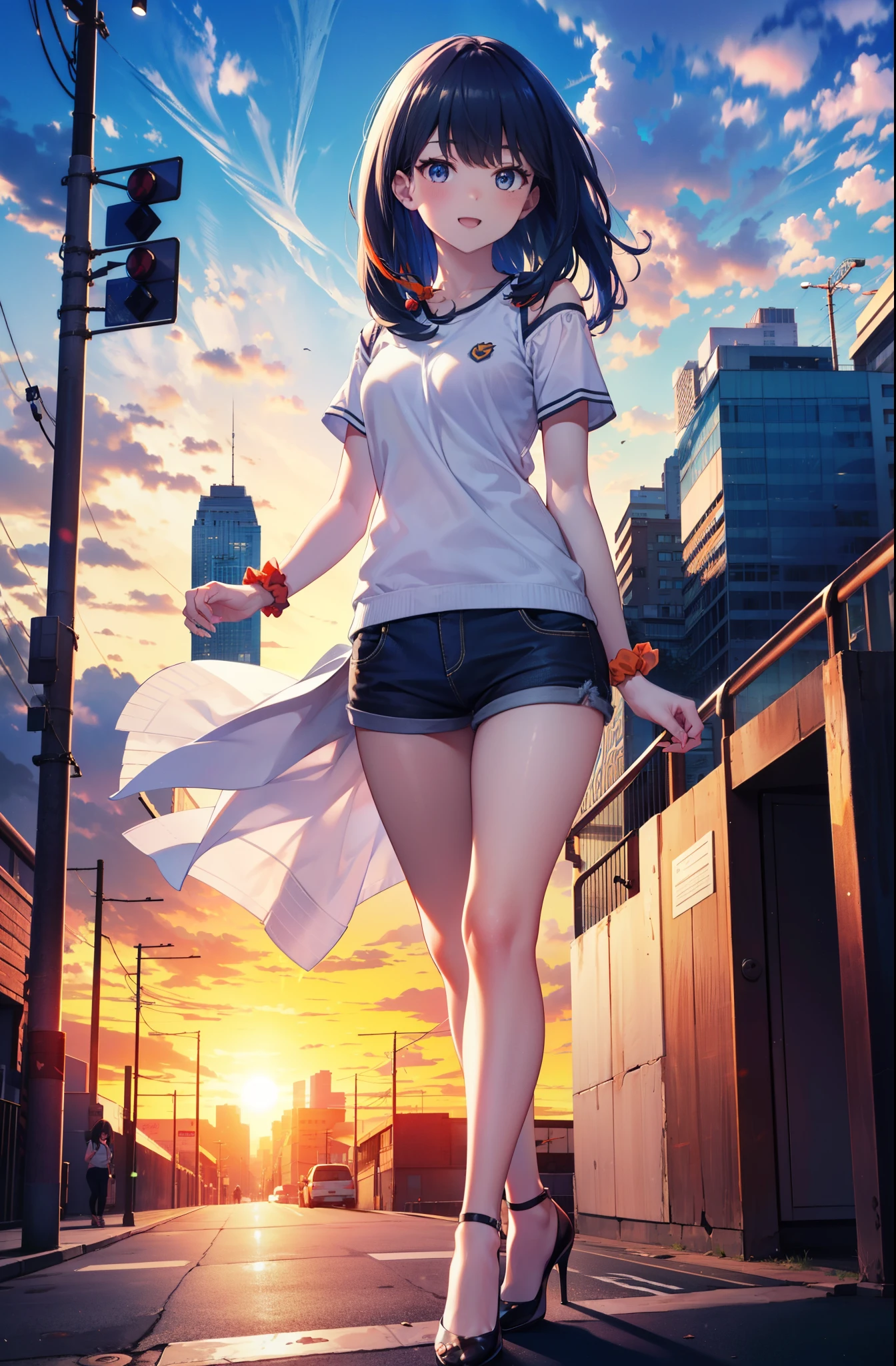 Rikka body, rikka takarada, Black Hair, blue eyes, Long Hair, orange Scrunchie, Scrunchie, wrist Scrunchie,happy smile, smile, Open your mouth,Cold shoulder tops,Short sleeve,Shorts,Stiletto heels,Walking,morning,morning陽,The sun is rising,So that the whole body goes into the illustration,Looking down from above,
Destroy outdoors, In town,Building district,
壊す looking at viewer, Systemic
break (masterpiece:1.2), highest quality, High resolution, unity 8k wallpaper, (figure:0.8), (Beautiful fine details:1.6), Highly detailed face, Perfect lighting, Highly detailed CG, (Perfect hands, Perfect Anatomy),