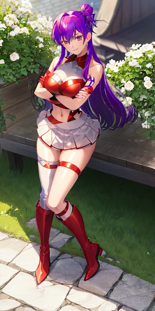 (((1 girl))) short hair, earings ,glossy lips ,team rocket uniform, red letter R, white skirt, white crop top, black thigh-high boots, black elbow gloves, evil smile, looking at viewer, cowboy shot, arms crossed, full body photo Mercedes von Martritz (Fire Emblem: Three Houses)