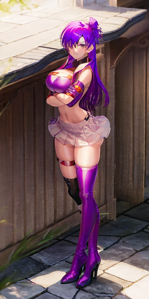 (((1 girl))) short hair, earings ,glossy lips ,team rocket uniform, red letter R, white skirt, white crop top, black thigh-high boots, black elbow gloves, evil smile, looking at viewer, cowboy shot, arms crossed, full body photo Mercedes von Martritz (Fire Emblem: Three Houses)