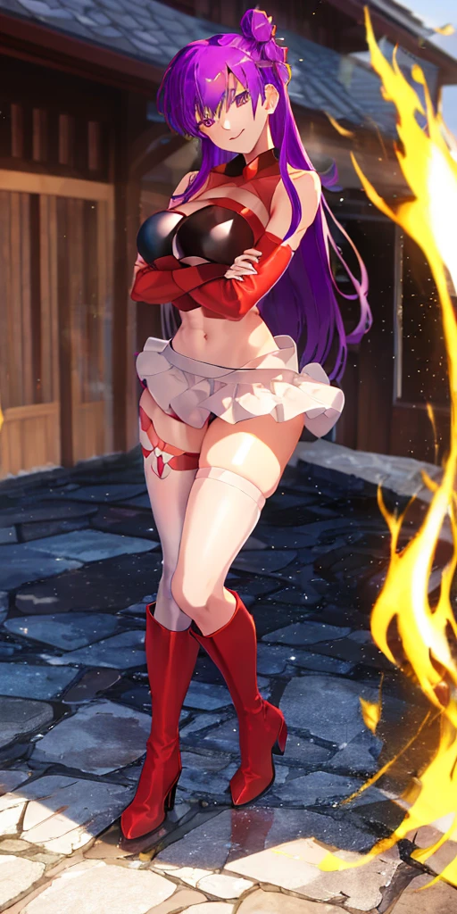 (((1 girl))) short hair, earings ,glossy lips ,team rocket uniform, red letter R, white skirt, white crop top, black thigh-high boots, black elbow gloves, evil smile, looking at viewer, cowboy shot, arms crossed, full body photo Mercedes von Martritz (Fire Emblem: Three Houses)