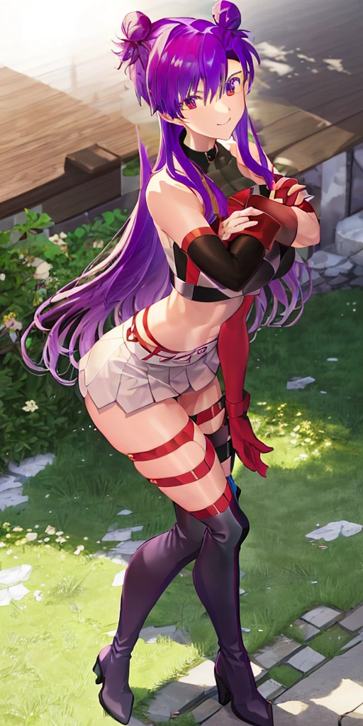 (((1 girl))) short hair, earings ,glossy lips ,team rocket uniform, red letter R, white skirt, white crop top, black thigh-high boots, black elbow gloves, evil smile, looking at viewer, cowboy shot, arms crossed, full body photo Mercedes von Martritz (Fire Emblem: Three Houses)