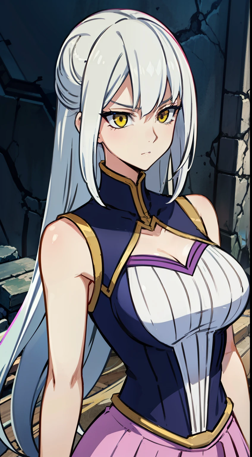 masterpiece, best quality,Grace Tyler, white hair, yellow eyes, serious, long hair, large breasts,sleeveless,pink skirt, (ruins),(upper body)