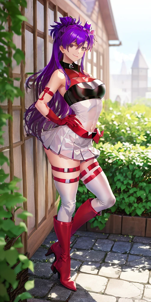 (((1 girl))) short hair, earings ,glossy lips ,team rocket uniform, red letter R, white skirt, white crop top, black thigh-high boots, black elbow gloves, evil smile, looking at viewer, cowboy shot, arms crossed, full body photo Mercedes von Martritz (Fire Emblem: Three Houses)