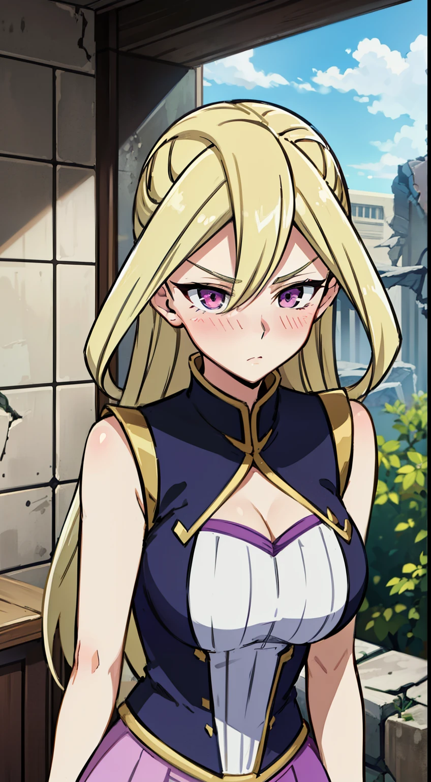 masterpiece, best quality,Gloria Tyler, blonde hair, purple eyes, serious, long hair, large breasts,sleeveless,pink skirt, (ruins),(upper body),blush