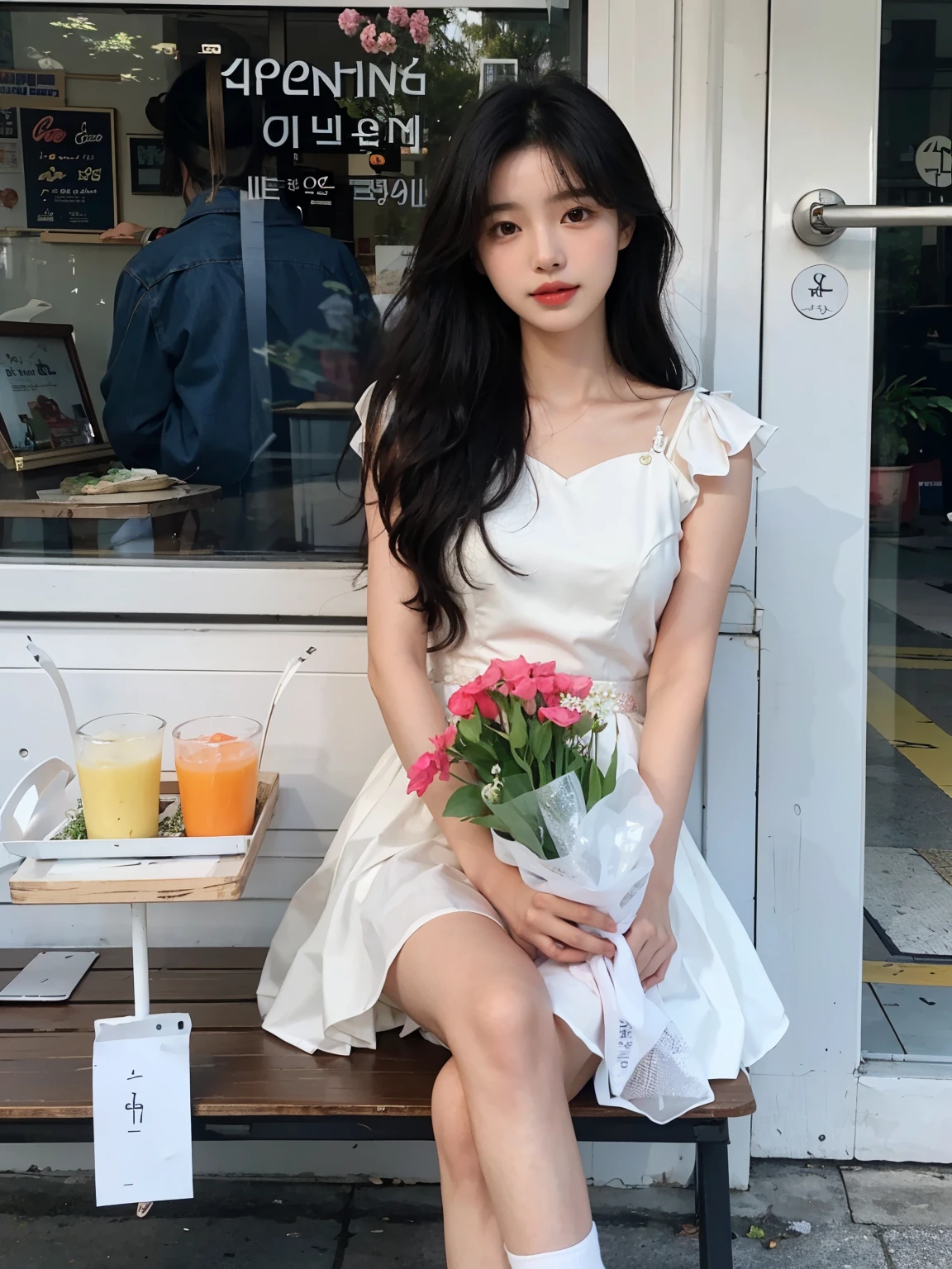 A woman is sitting on a bench in front of a store,Holding a bouquet, Jaeyoung Nam, Gorgeous Young Korean Woman, Beautiful Korean Women, Beautiful young Korean woman, Shin Jinying, Korean Girls, Bae Suzy, wearing cute white dress, Choi Hyun-hwa, Ulzzang, Cute Korean Actresses, Kim Do-young, korean female fashion model
