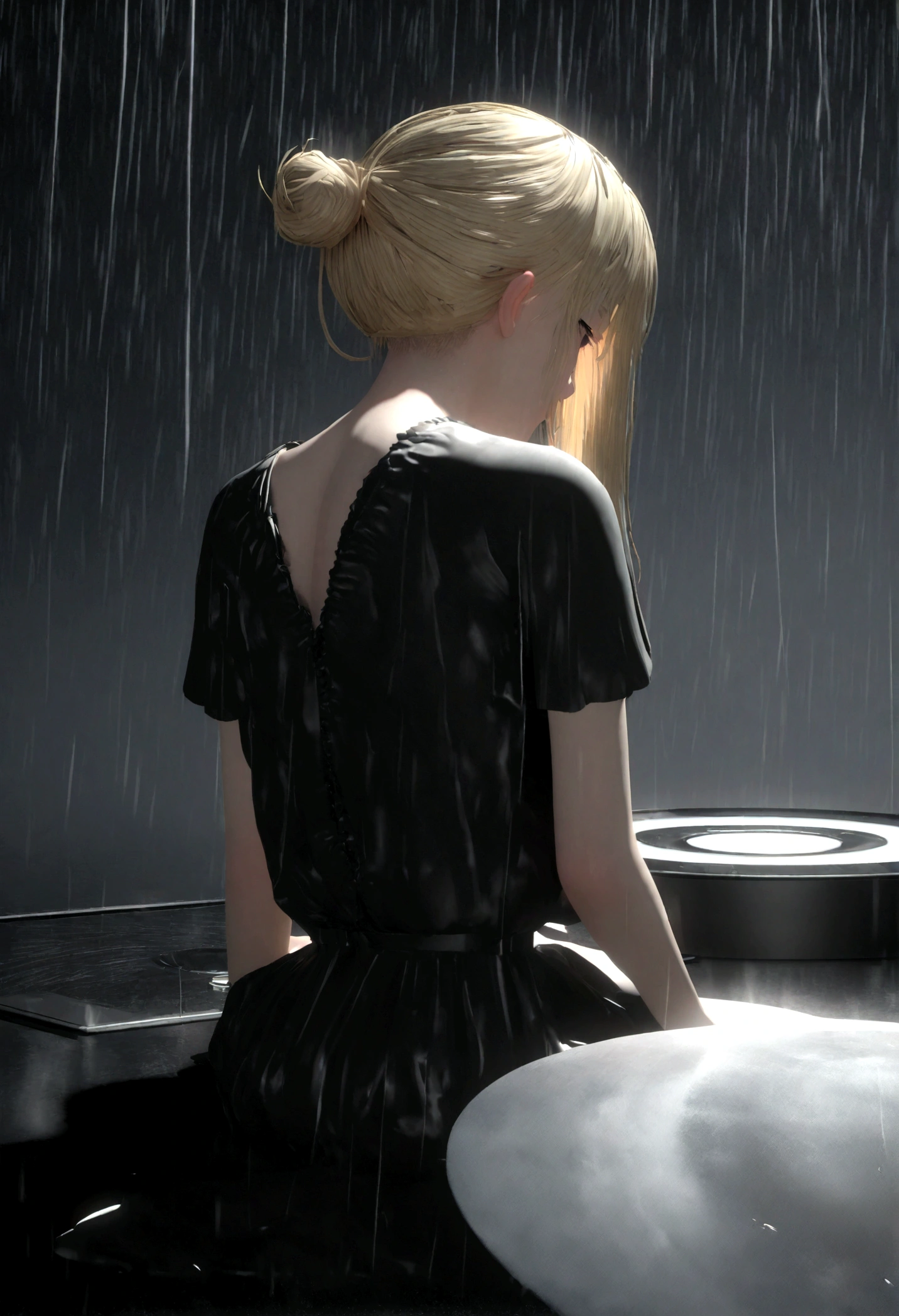 Sad girl,cry,darkness,Rain sky,。.。.。.。.。.。.。.。.。.。.。.。.。.。.。.。.。.。.。.。.。.。.。.。.。.。.。.3D,Upscale,hard disk,Blonde short,is crying,with his back turned