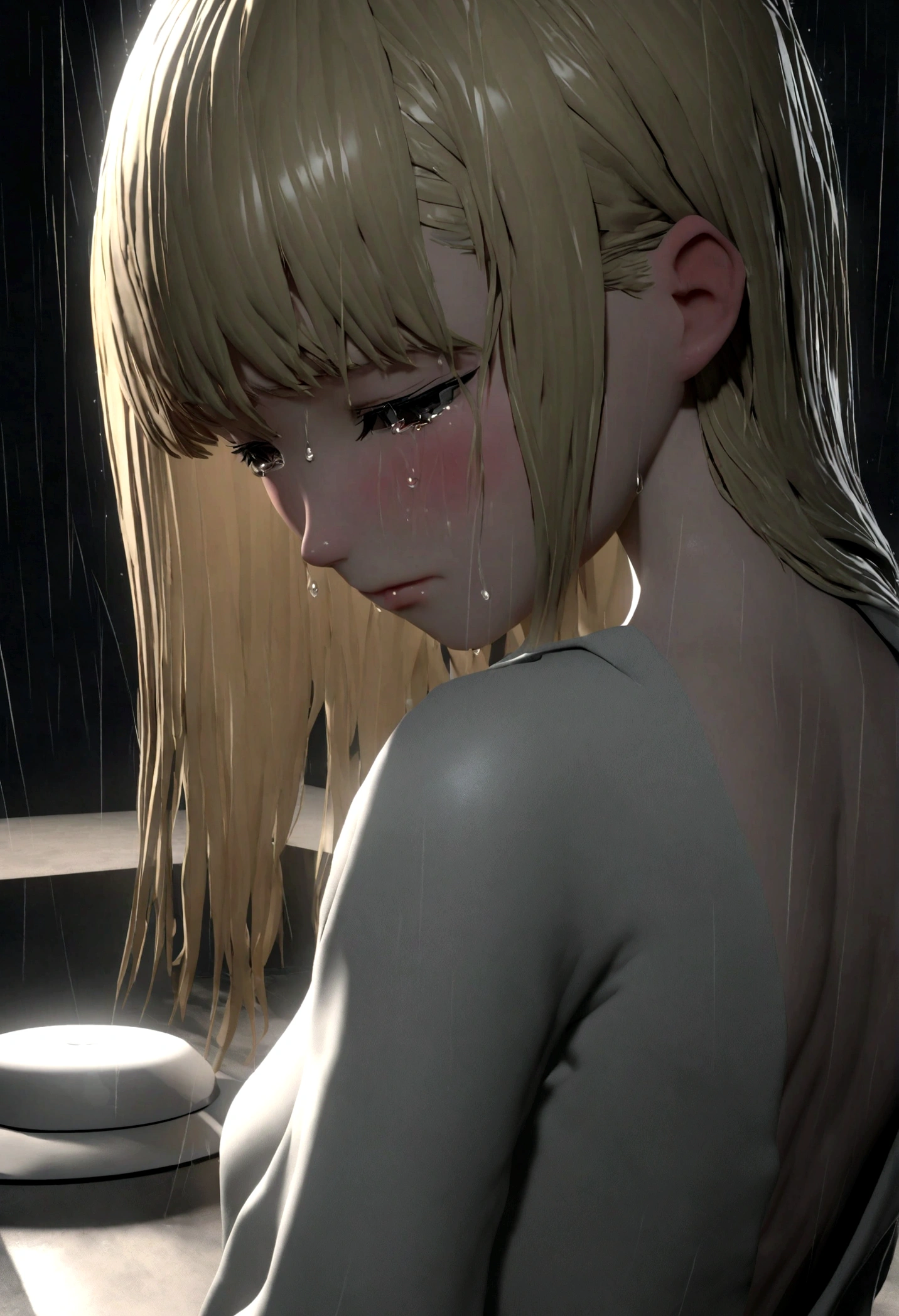 Sad girl,cry,darkness,Rain sky,。.。.。.。.。.。.。.。.。.。.。.。.。.。.。.。.。.。.。.。.。.。.。.。.。.。.。.3D,Upscale,hard disk,Blonde short,is crying,with his back turned