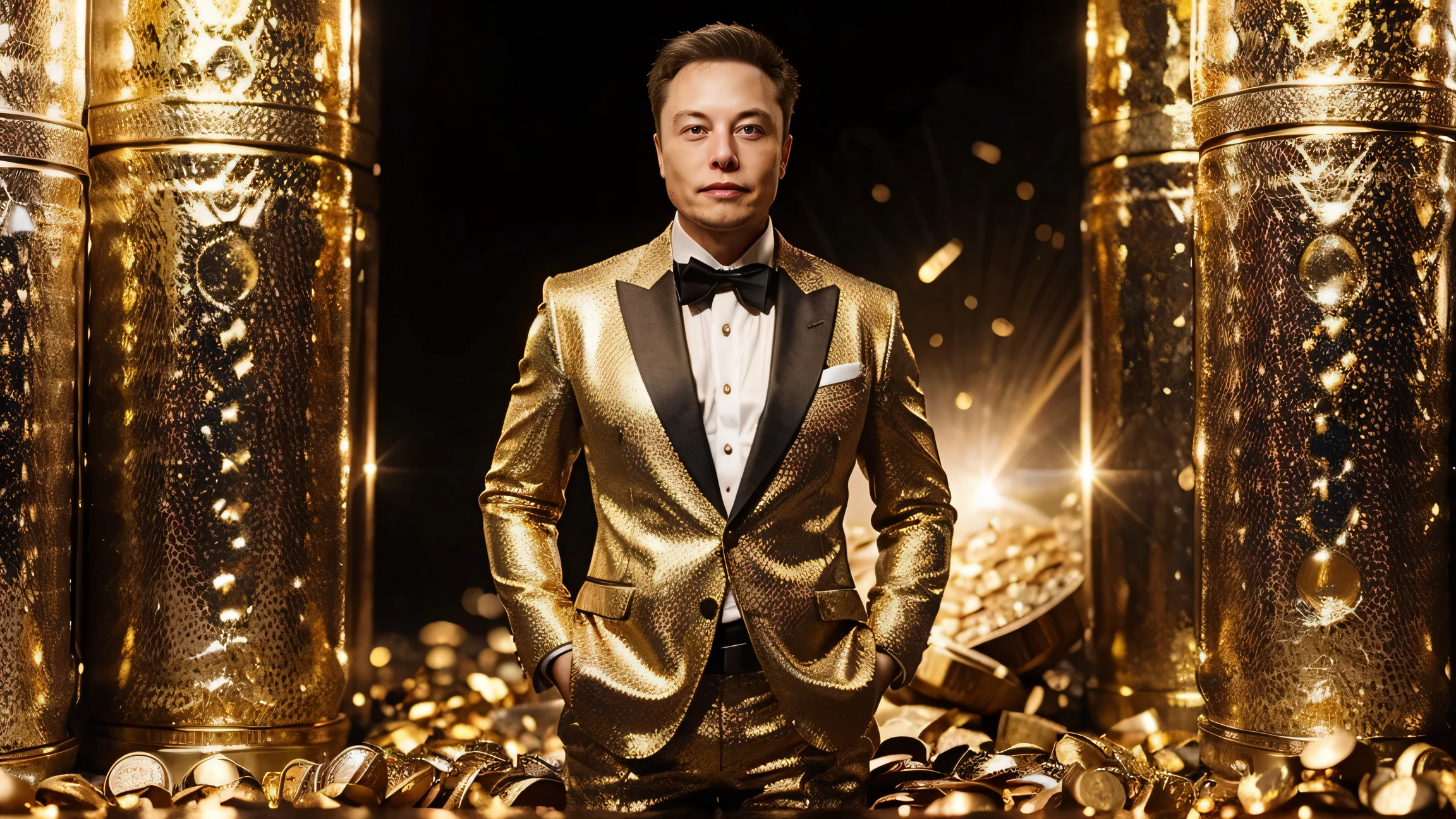 Elon Musk, A detailed and realistic image of a stranger in a suit, Surrounded by a of gold coins and diamonds, ultra-realistic image, hyper-detailed realistic skin, Look for an ultra-realistic image.