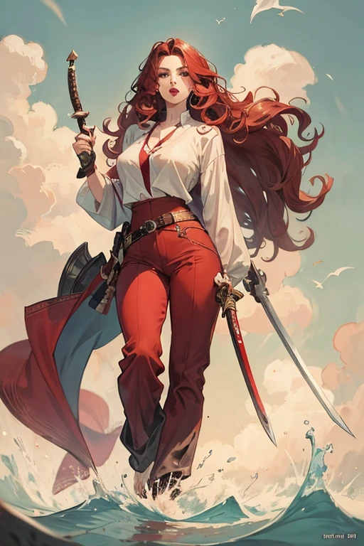 A medium breasted redhead holding a sword, wide hips, thin waist, beautiful full red lips, lush wavy hair, long torpedo shaped tits, brown pants, loose white blouse